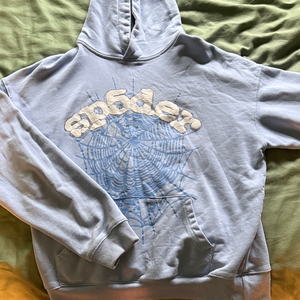 Light Blue Hoodie with sp5der Design; size L but fits like a men’s S